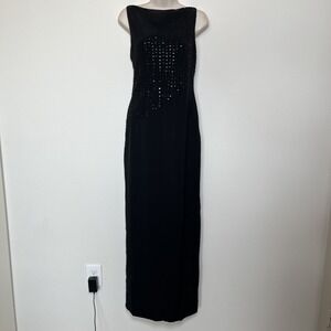 VTG 90s Episode Women 100% SILK Maxi Beaded Sequins Dress 10 Black Glam Whimsigo